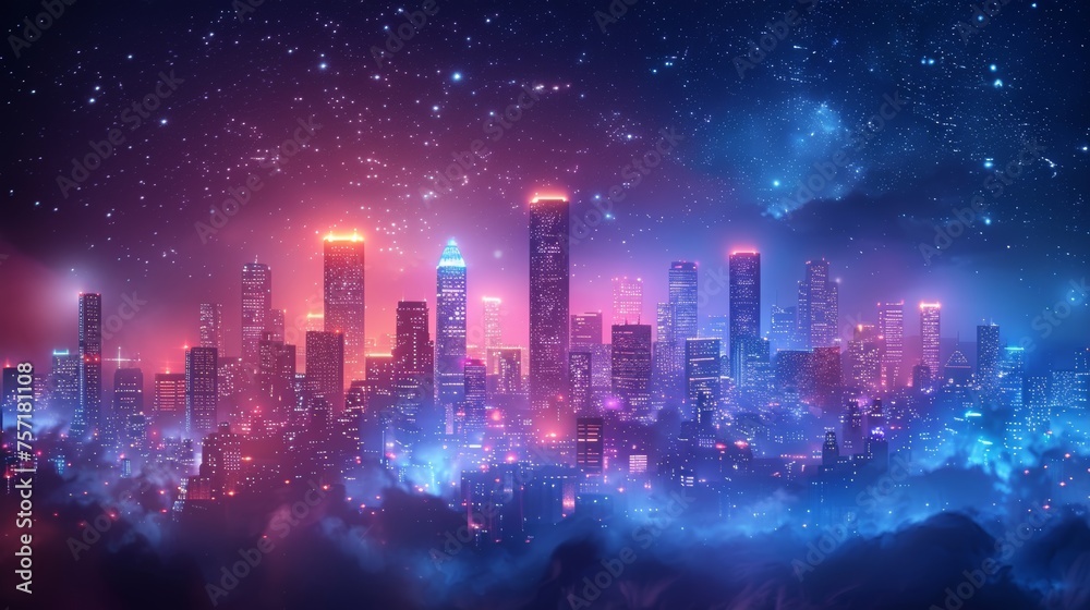 Isolated on blue background, smart city modern illustration with a polygonal skyscraper at night in the clouds.