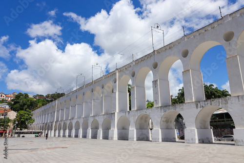 Rio de Janeiro, RJ, Brazil, 03/11/2024 - Carioca Aqueduct, also known as Arcos da Lapa, was erected in the 18th century in downtown Rio. The Santa Teresa cable car passes the top of the aqueduct