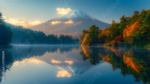 Mount Fuji reflected in lake at sunrise, Japan.