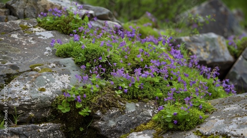 Verdant moss clinging to ancient stone, punctuated by bursts of tiny wildflowers in shades of amethyst.