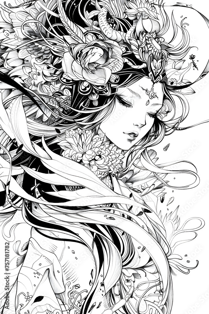 Fototapeta premium Artistic black and white drawing of a serene woman adorned with detailed floral motifs