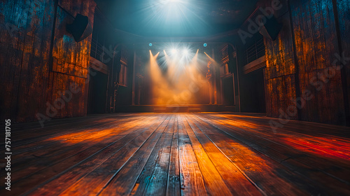 Old wooden stage illuminated by spotlights with smoke and rays of light