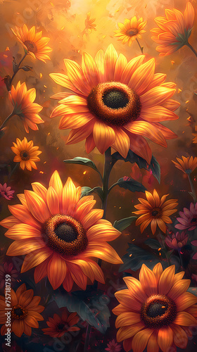 Bright orange sunflowers on a dark background photo