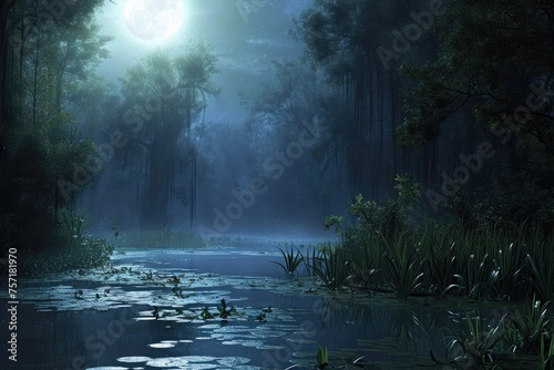 A mesmerizing river in the heart of a dark and mystical forest bathed in the soft glow of the moon, A mystical swamp bathed in moonlight, AI Generated © Iftikhar alam