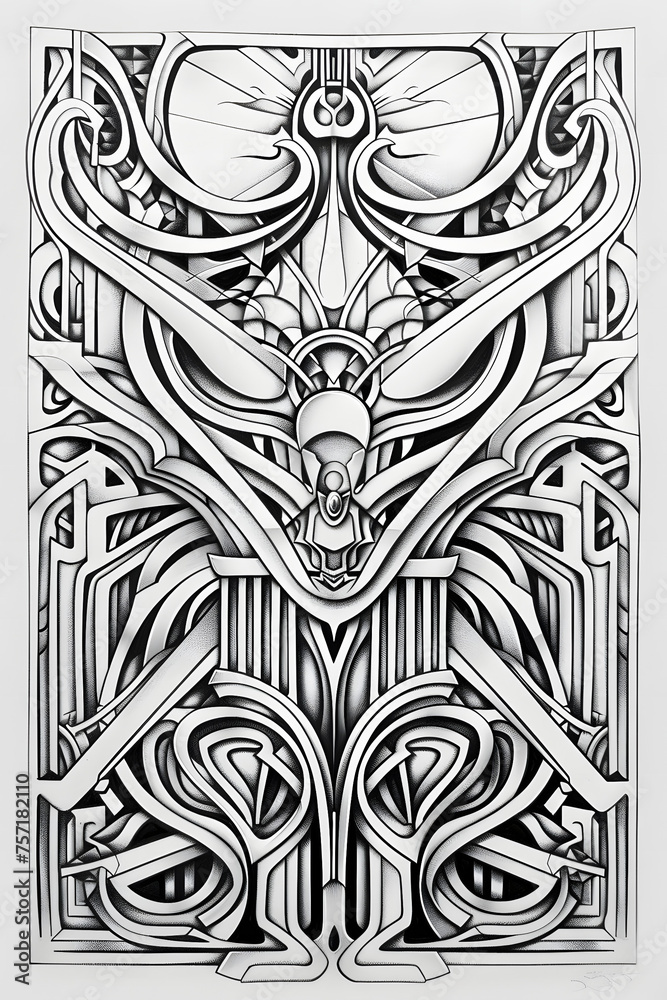 Fototapeta premium A detailed black and white drawing of a tribal mask with symmetrical patterns and tribal motifs
