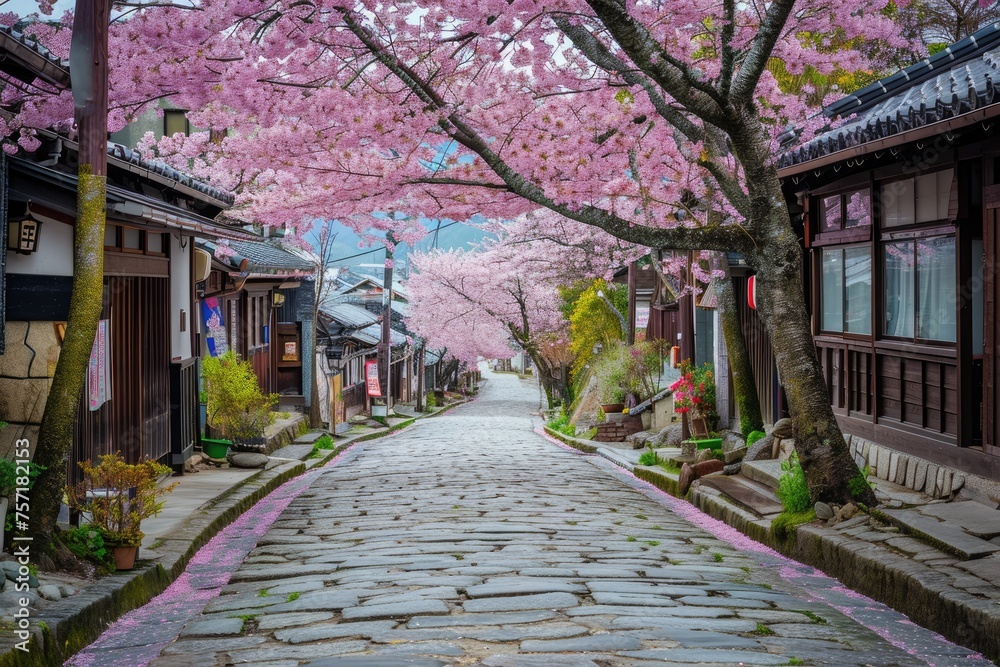 A picturesque cobblestone street adorned with blooming cherry blossom trees creates a tranquil and enchanting scene, A narrow cobblestone street lined with blooming cherry blossom trees, AI Generated