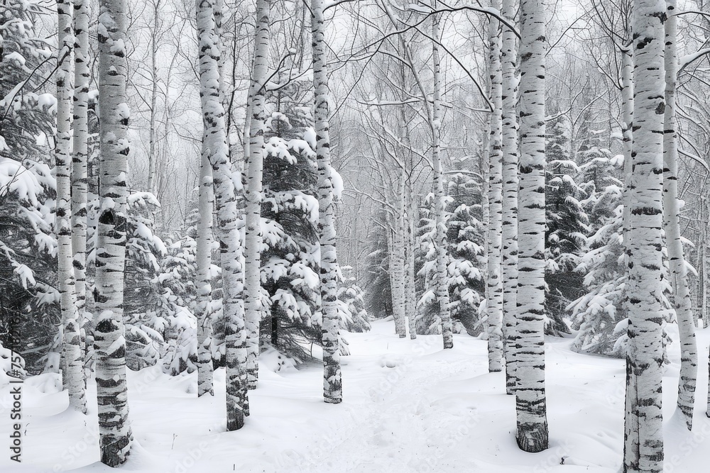 Winter Wonderland, A Snow-Covered Forest Filled With Majestic Trees, A near-monochrome world of white birch trees after a snowstorm, AI Generated