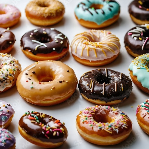 Donuts of Various Flavors, Doughnuts with mirror glaze icing, icing glaze and sprinkles donuts, multicolored doughnuts with sprinkles on white background, some bakery sweet products for children