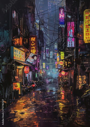 Hyper Realistic Cyberpunk Street Oil PaintArt Depiction