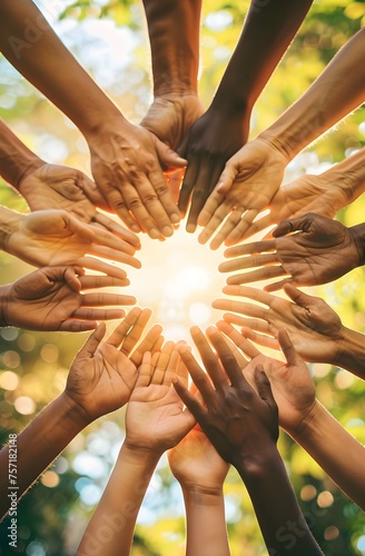 Stack of hands. Unity, collaboration and diversity.