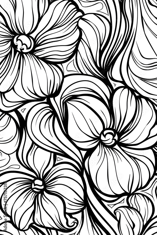 Stylized petal patterns in an abstract swirling composition, creating a mesmerizing black and white visual perfect for fabrics Stylized petal patterns in an abstract swirling composition, creating a mesmerizing black and white visual perfect for fabrics