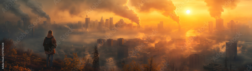 Smoke from the chimneys of the city at dawn. Panorama