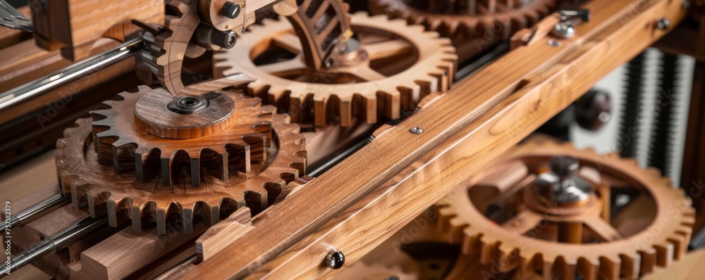  Hand-crafted wooden gears integrated into a rustic machine