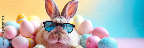 Comical Easter Rabbit with Glasses & Easter Eggs 