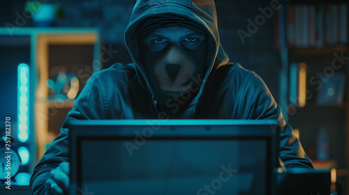 A mysterious hacker in a hoodie works behind multiple computer monitors, face obscured for anonymity