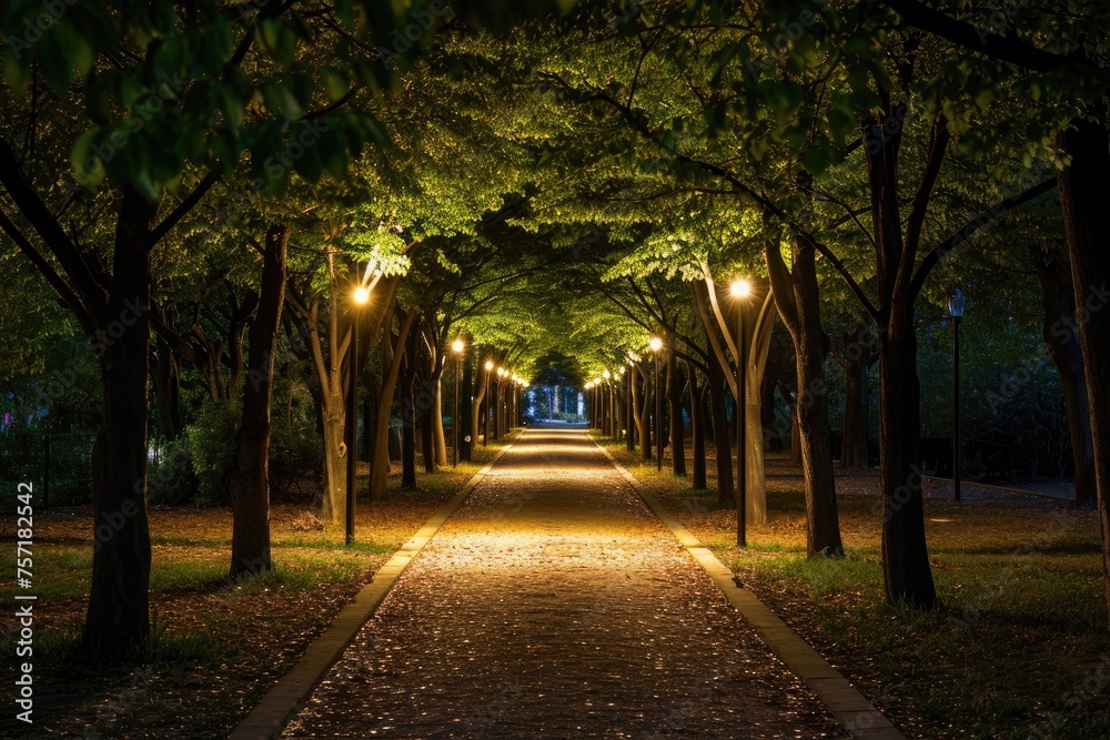 A tranquil pathway flanked by trees and illuminated by softly-lit lights creates a magical ambiance at night, A night view of a tree passage beautifully illuminated in a park, AI Generated