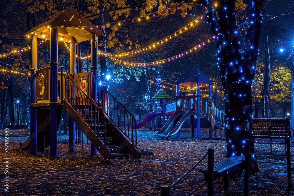 Playground Lit Up in Park at Night, Fun and Safety for Everyone, A night view of the playground, lit up by fairy lights, AI Generated Playground Lit Up in Park at Night, Fun and Safety for Everyone, A night view of the playground, lit up by fairy lights, AI Generated