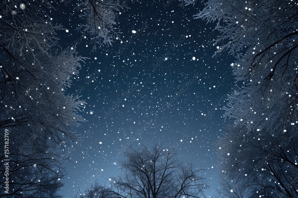 Serene winter night with snow-covered trees illuminated by the brilliance of stars, A nighttime sky illuminated by white winter stars, AI Generated Serene winter night with snow-covered trees illuminated by the brilliance of stars, A nighttime sky illuminated by white winter stars, AI Generated