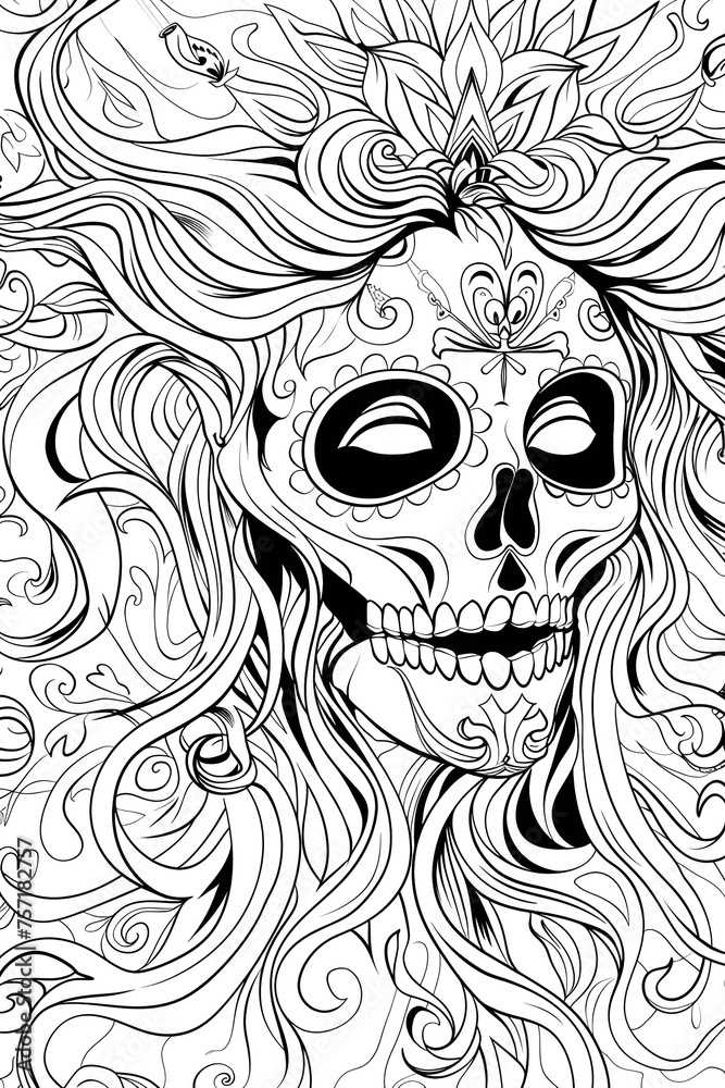 This striking image features a Day of the Dead sugar skull with floral elements, exuding cultural significance and artistic flair This striking image features a Day of the Dead sugar skull with floral elements, exuding cultural significance and artistic flair