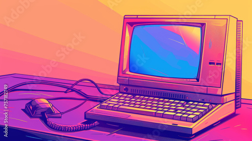 Bright pink and yellow hues highlight a retro-styled illustration of an old computer and phone on a vintage desk photo