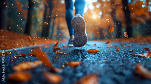 female jogger outside, woman running outdoor in nature, a person running on the street in a fall autumnal surrounding photo
