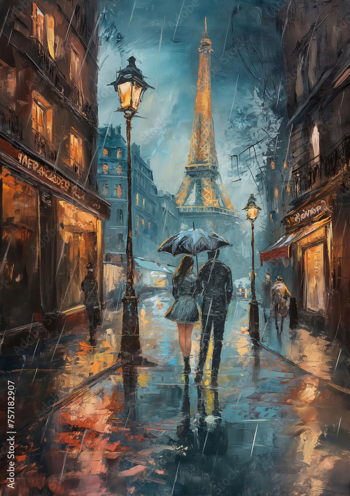 Romantic Parisian Street Scene in Rainy Oil Painting