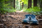 A pair of running shoes sits on a dirt trail surrounded by trees in a forest setting, A pair of new running shoes on a forest trail, AI Generated