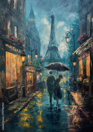 Classic Romance in Rainy Parisian Street with Oil Paint