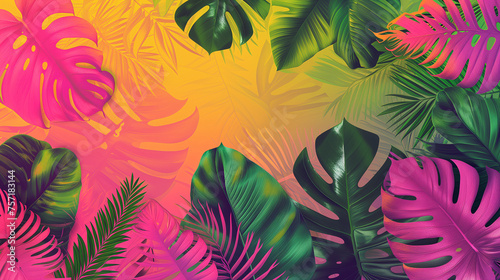 A colorful gradient background with tropical leaves
