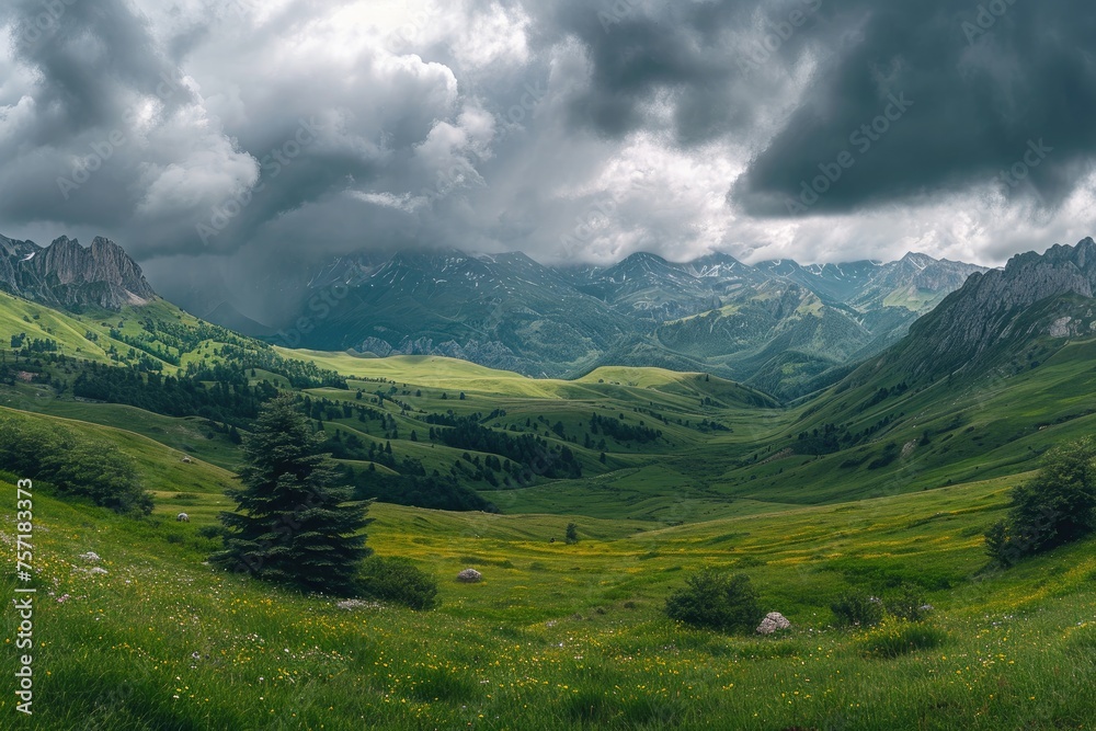A breathtaking view of a lush green valley enclosed by towering mountains, all under a cloudy sky, A panoramic view of a mountain range under stormy skies, AI Generated A breathtaking view of a lush green valley enclosed by towering mountains, all under a cloudy sky, A panoramic view of a mountain range under stormy skies, AI Generated