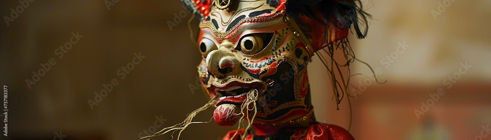 Express the intricate details of a puppets elaborate costume and mask