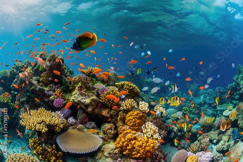 Large Group of Fish Swimming Above a Colorful Coral Reef, A panoramic view of a lively coral reef teeming with diverse marine life, AI Generated