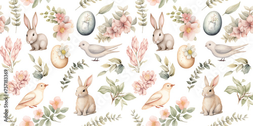 watercolor seamless pattern with cute easter bunny, birds, eggs and spring flowers. holiday print for fabric