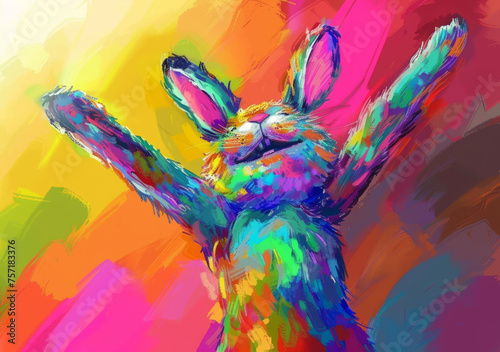 An artistically vibrant illustration of a rabbit depicted in mid-celebration with raised arms amidst a splash of colors