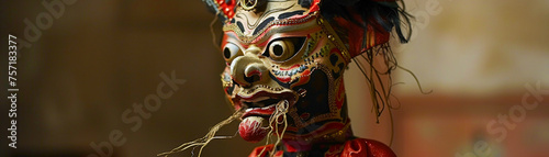 Express the intricate details of a puppets elaborate costume and mask