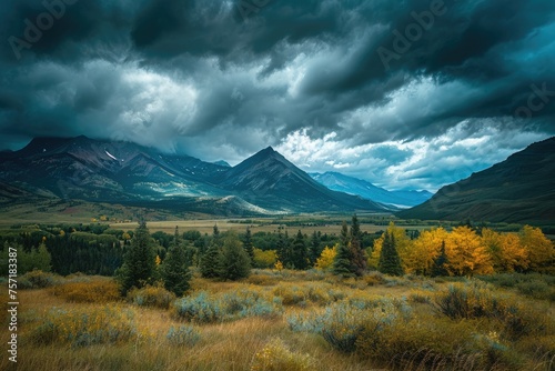 A scenic field filled with green vegetation and tall trees, set against a backdrop of magnificent mountains, A panoramic view of a mountain range under stormy skies, AI Generated