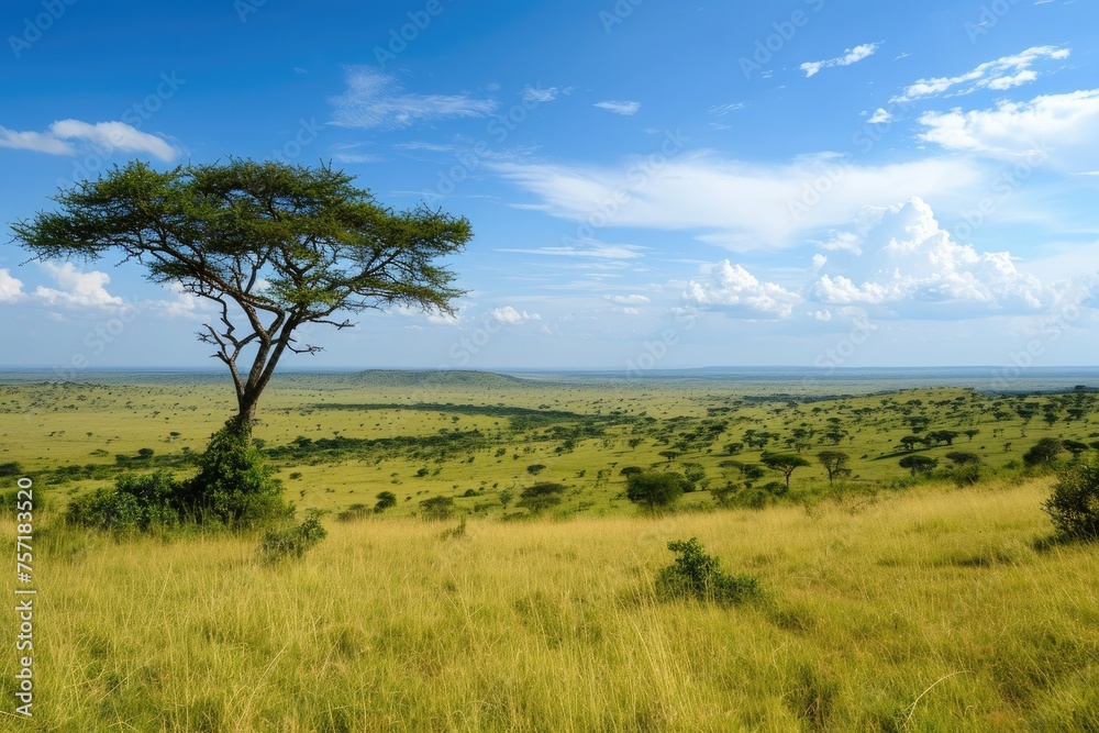 A sprawling field with a solitary tree positioned at its center, standing tall amidst the open landscape, A panoramic view of the African savannah, AI Generated A sprawling field with a solitary tree positioned at its center, standing tall amidst the open landscape, A panoramic view of the African savannah, AI Generated