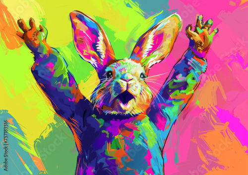 A vivid portrayal of a rabbit with outstretched arms evoking a feeling of joy set against a bright, color-splashed background