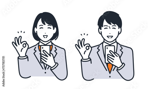 スマートフォンを持ってOKサインをする学生のシンプルなベクターイラストセット素材