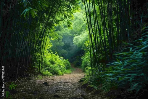 A winding path leads through a dense bamboo forest with tall bamboo stalks creating a mesmerizing canopy overhead  A path winding through a thick bamboo forest  AI Generated