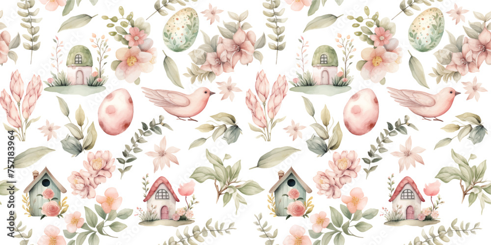 Watercolor seamless easter pattern with eucalyptus, flowers, eggs and houses. - obrazy, fototapety, plakaty 
