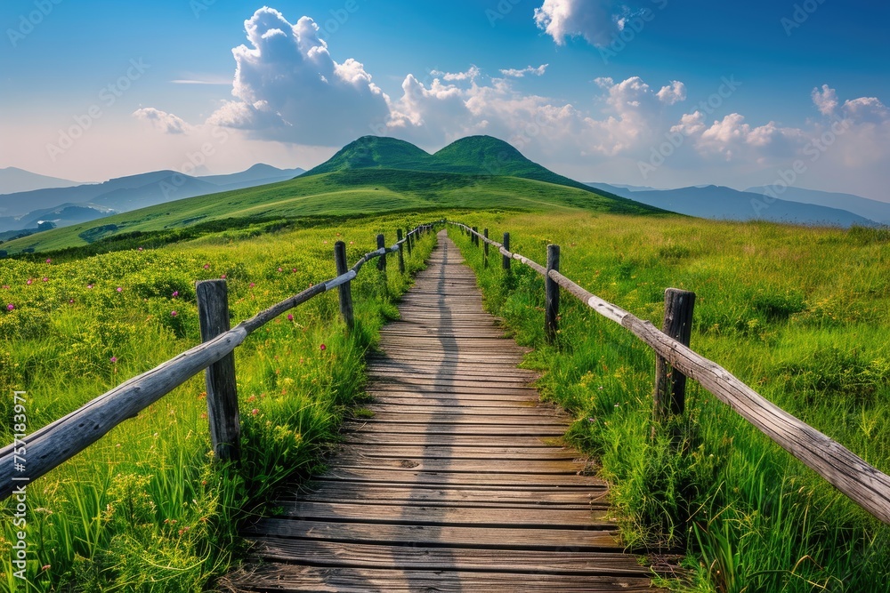 A wooden path winds its way through a vibrant green field, surrounded by natures beauty, A pathway leading to a heart-shaped mountain in the distance, AI Generated