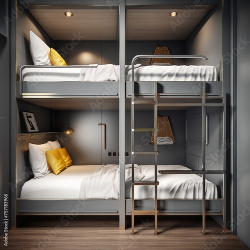 Transport the viewer to a hostel dormitory with clean spacious bunk beds neatly made and personal belongings tucked awayStudio shot luxurious design elegant simplicity photo