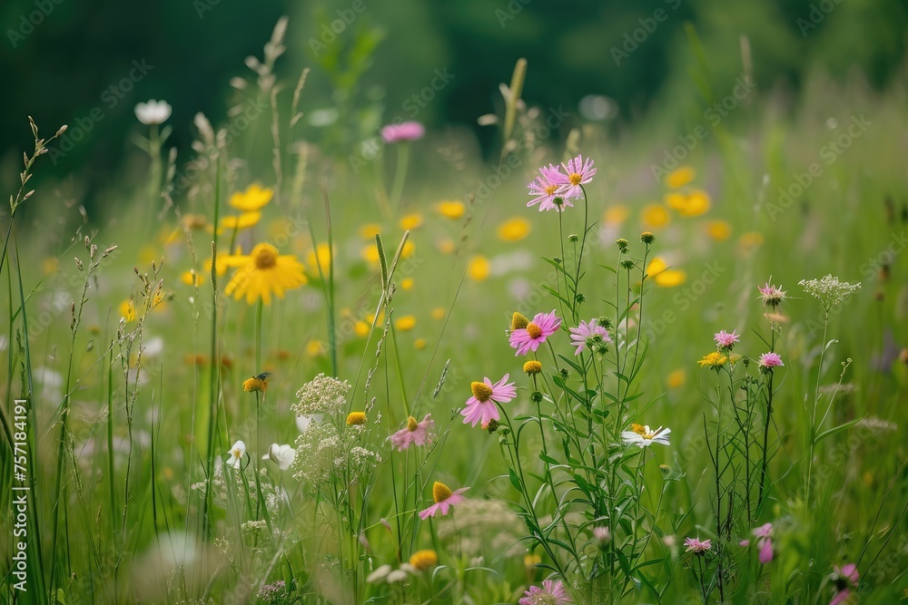 This photo captures a vibrant field filled with wildflowers in full bloom, showcasing a variety of different types of flowers, A peaceful meadow filled with wildflowers, AI Generated