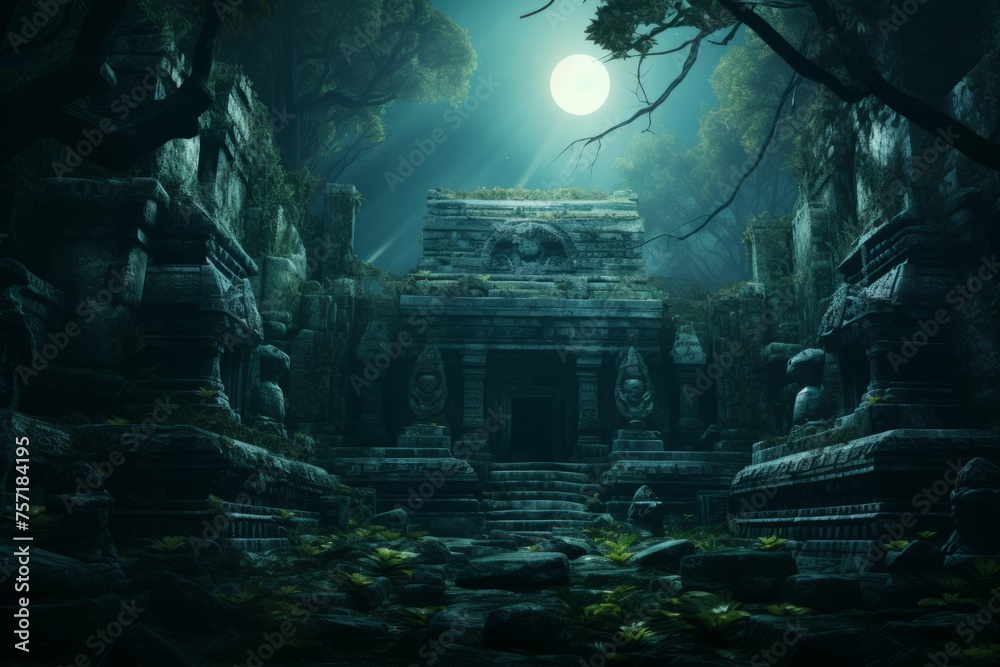 An ancient temple in a mysterious jungle, illuminated by the light of a full moon