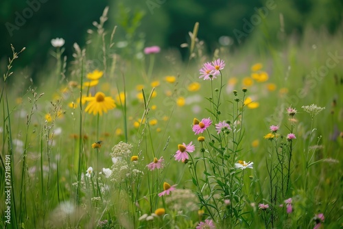 This photo captures a vibrant field filled with wildflowers in full bloom, showcasing a variety of different types of flowers, A peaceful meadow filled with wildflowers, AI Generated