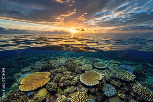 A vibrant coral reef teeming with marine life, illuminated by the warm hues of a setting sun, A peaceful sunrise over a thriving coral reef, AI Generated photo