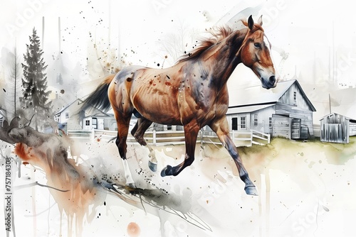 A horse runs through a farm, illustration of an animal in its habitat, watercolor photography. Image for hippodor, horse racing, horse breeding. Speed and grace