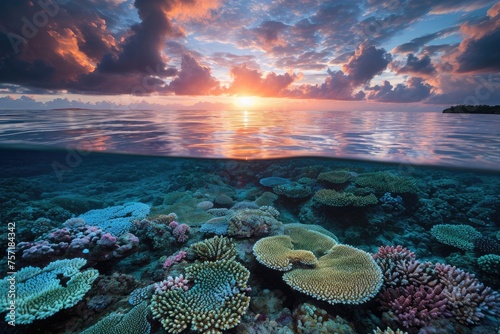 A stunning coral reef comes alive with vibrant colors as the sun sets in the background, A peaceful sunrise over a thriving coral reef, AI Generated
