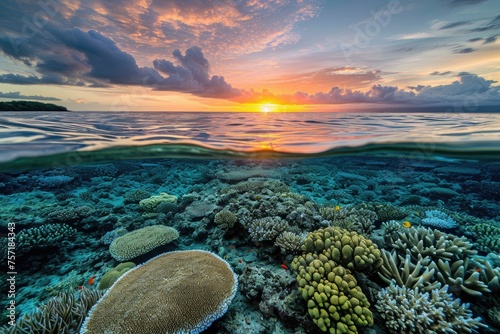 Vibrant Coral Reef With a Captivating Sunset as a Backdrop, A peaceful sunrise over a thriving coral reef, AI Generated © Iftikhar alam
